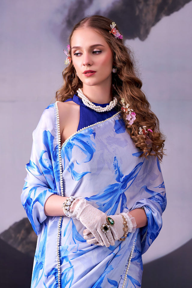 Blue Floral Printed Satin Saree (ACA8006)
