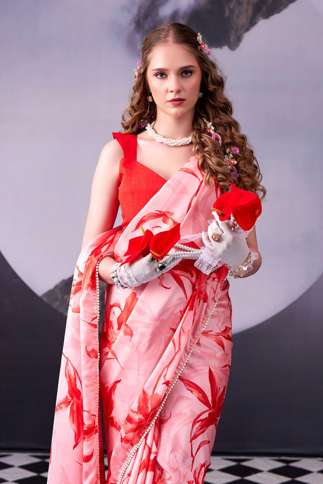 Red Floral Printed Satin Saree (ACA8007)