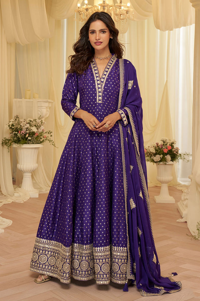 Purple Embroidered Viscose Gown (ACA8009)