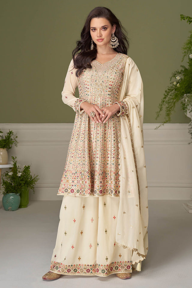 Off White Sequin with Embroidered Georgette Palazzo Suit (ACA8011)