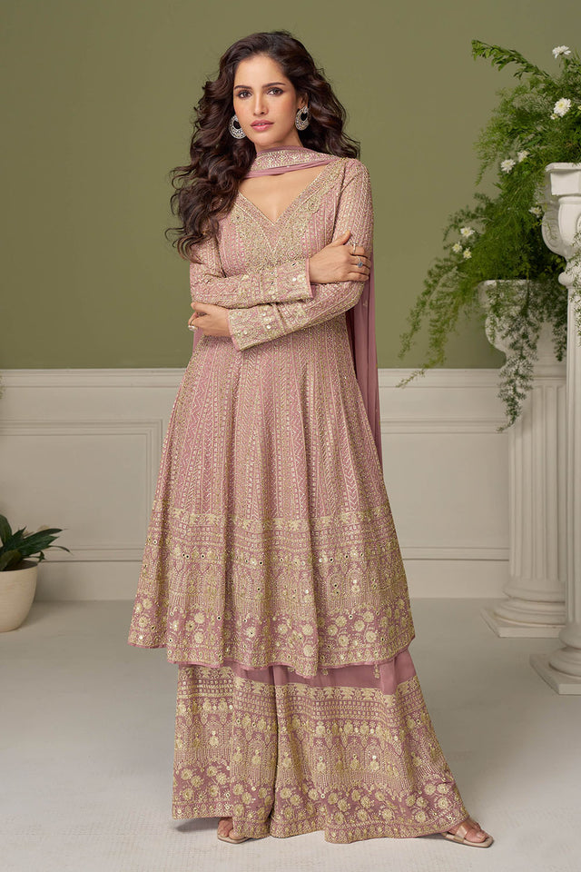 Pink Embroidered Georgette Palazzo Suit (ACA8013)