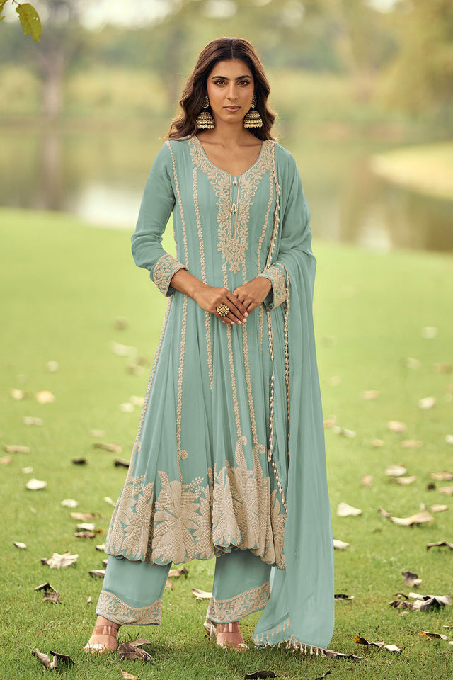 Sky Blue Beads Embossed Georgette Anarkali Suit (ACA8024)
