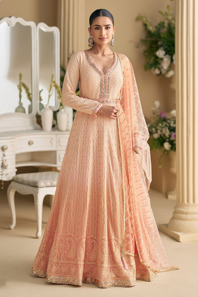 Peach Floral Embroidered Georgette Gown (ACA8028)