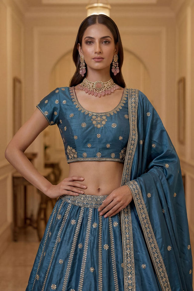 Turquoise Sequin with Embroidered Silk Lehenga (ACA8040)