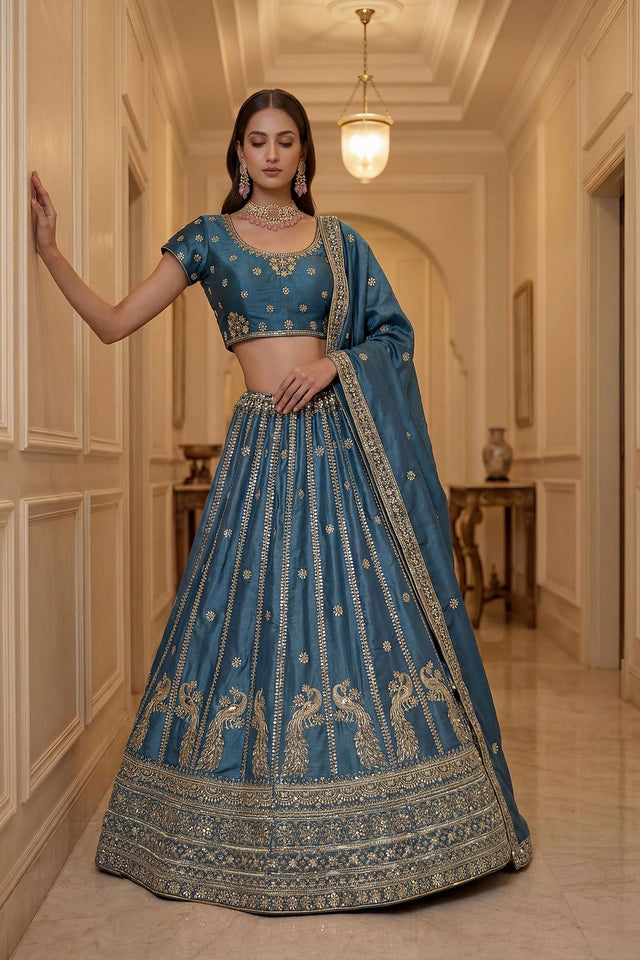 Turquoise Sequin with Embroidered Silk Lehenga (ACA8040)