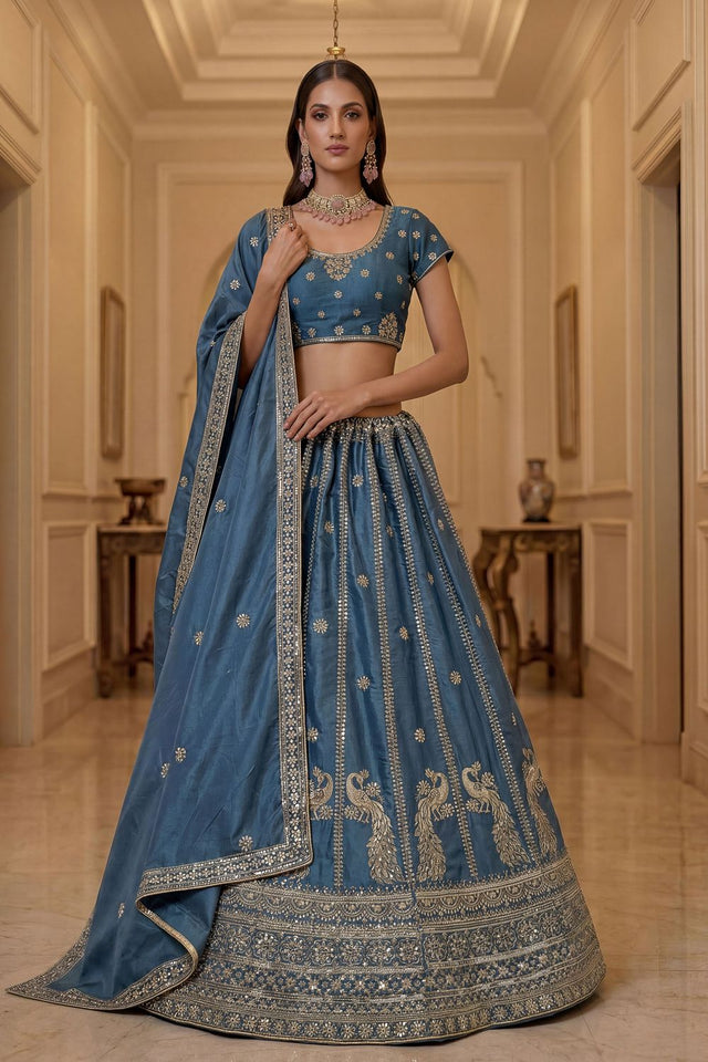 Turquoise Sequin with Embroidered Silk Lehenga (ACA8040)