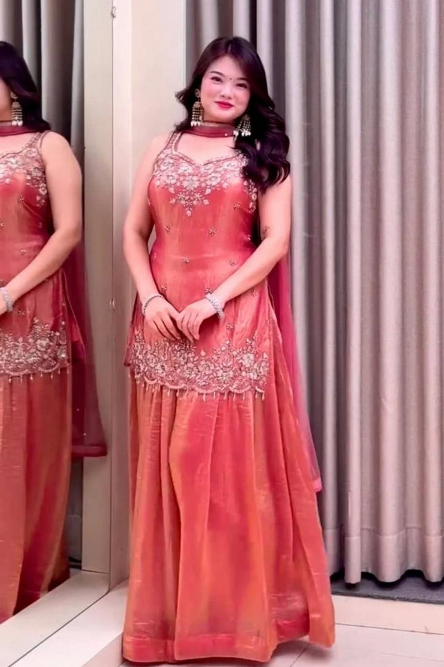 Orange Embroidered Satin Palazzo Suit (ACA8042)
