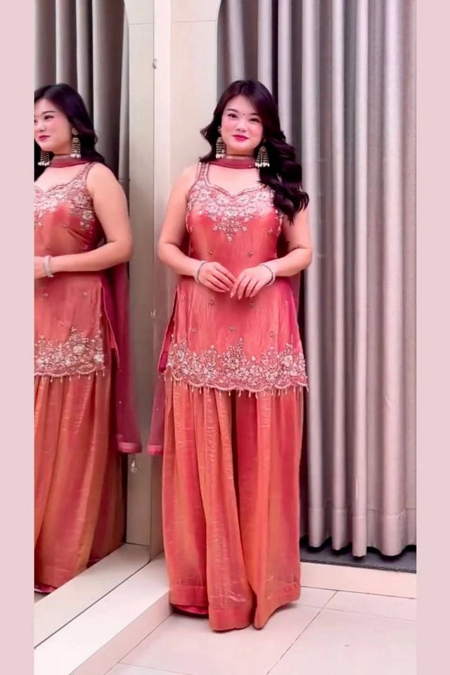 Orange Embroidered Satin Palazzo Suit (ACA8042)