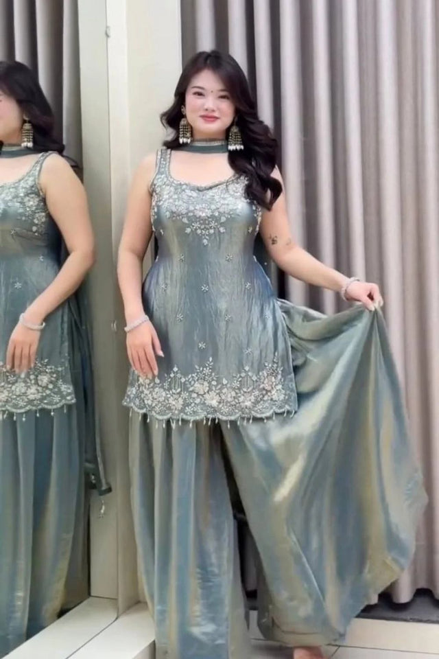 Grey Embroidered Satin Palazzo Suit (ACA8043)