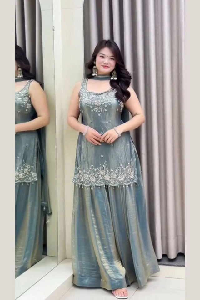 Grey Embroidered Satin Palazzo Suit (ACA8043)