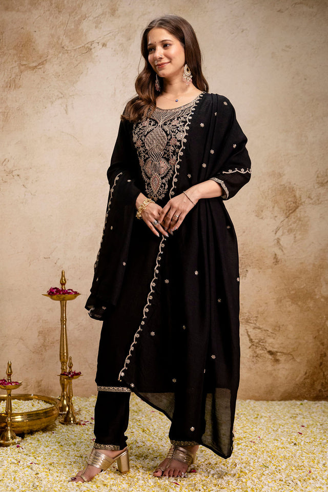 Black Sequin with Embroidered Silk Straight Cut Suit (ACA8044)