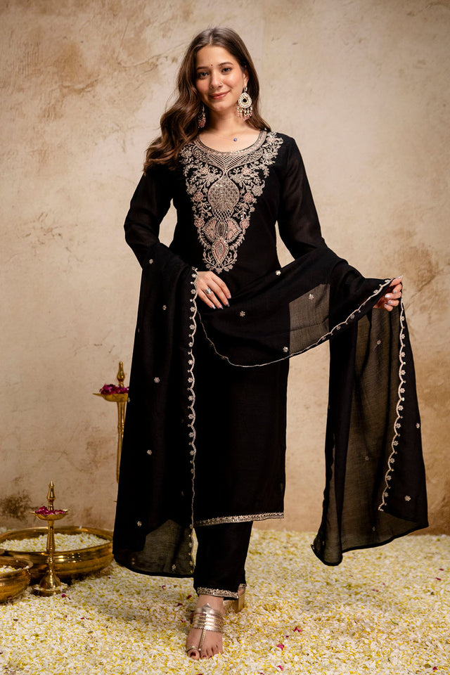 Black Sequin with Embroidered Silk Straight Cut Suit (ACA8044)
