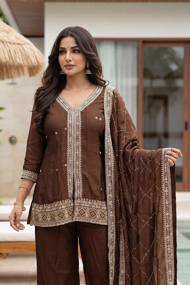 Brown Floral Embroidered Silk Palazzo Suit (ACA8048)