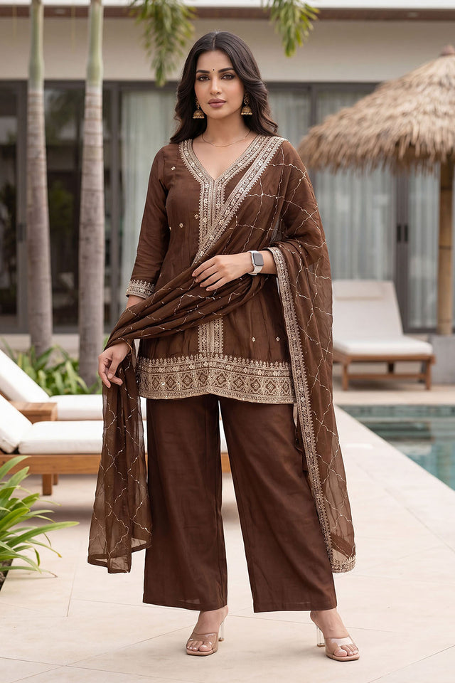 Brown Floral Embroidered Silk Palazzo Suit (ACA8048)