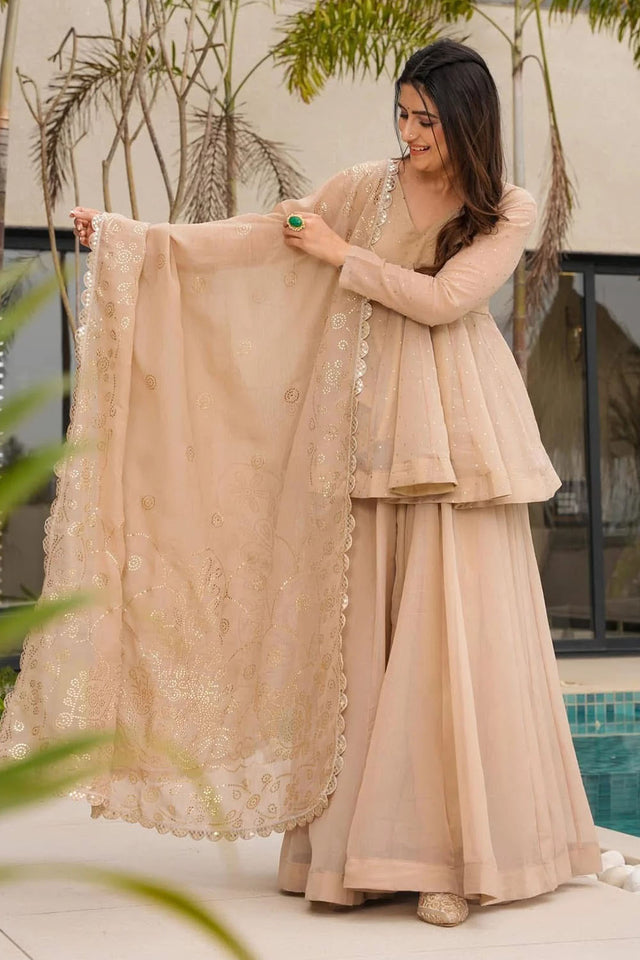 Peach Embroidered Organza Palazzo Suit (ACA8049)