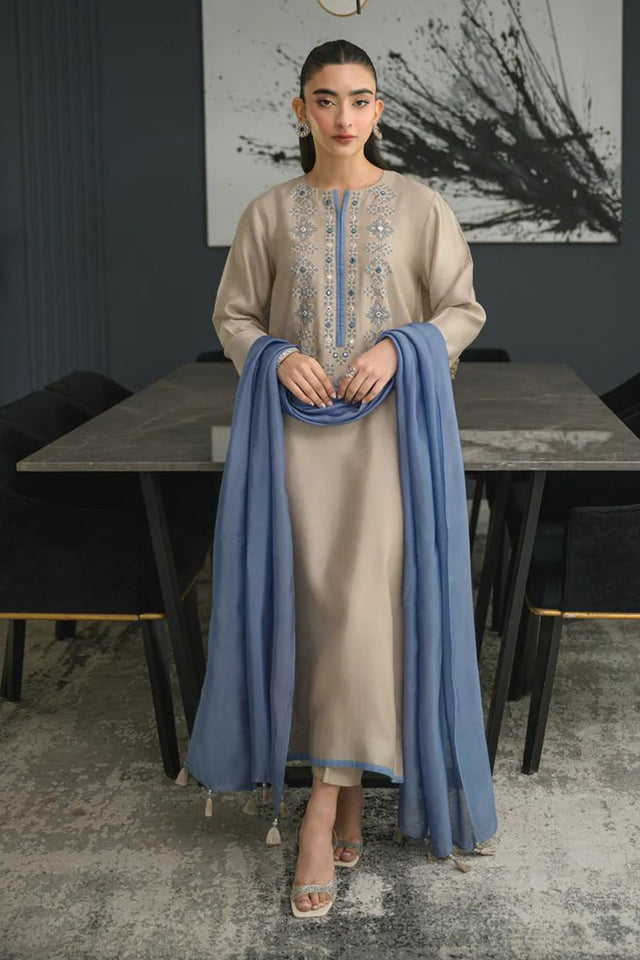 Grey Embroidered Chanderi Straight Cut Suit (ACA8052)