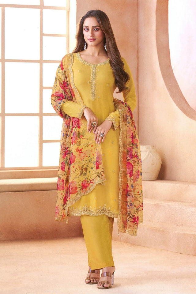 Yellow Embroidered Chiffon Kurti Pant Set (ACA8056)