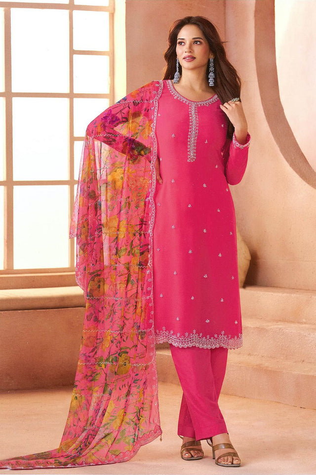 Pink Embroidered Chiffon Kurti Pant Set (ACA8057)