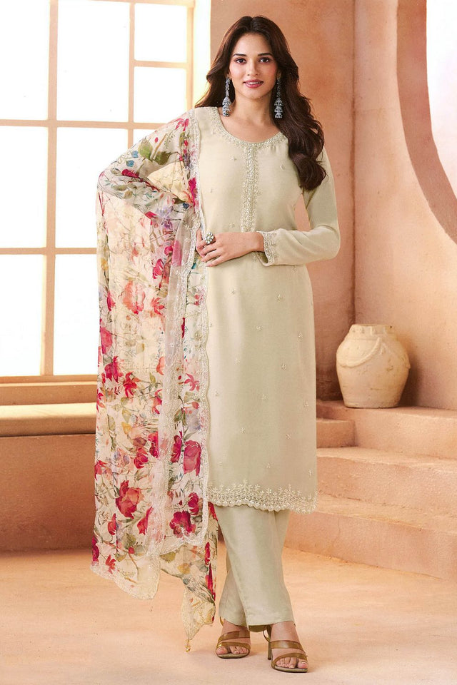 White Embroidered Chiffon Kurti Pant Set (ACA8059)