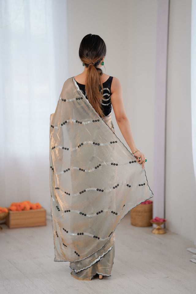 Brown Floral Embroidered Satin Saree (ACA8063)
