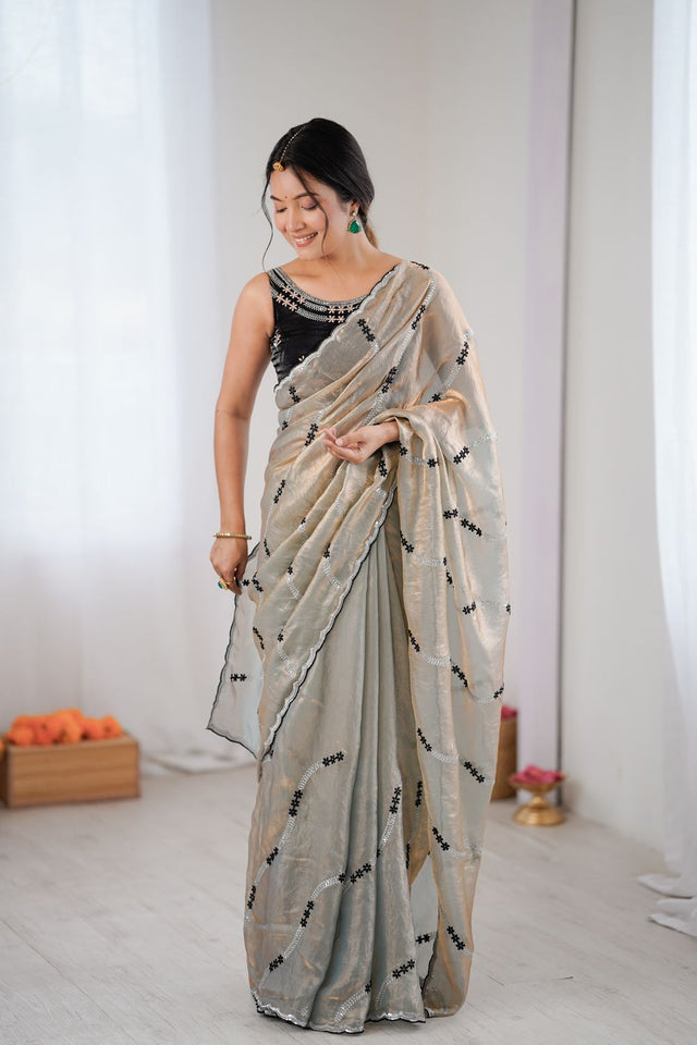 Brown Sequin with Floral Embroidered Satin Saree (ACA8063)
