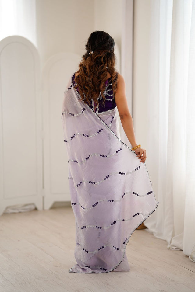 Lavender Sequin with Floral Embroidered Satin Saree (ACA8065)