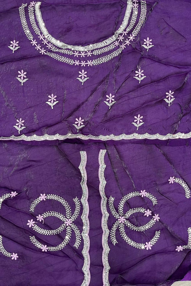 Lavender Floral Embroidered Satin Saree (ACA8065)