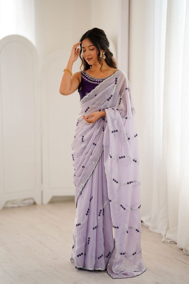 Lavender Floral Embroidered Satin Saree (ACA8065)