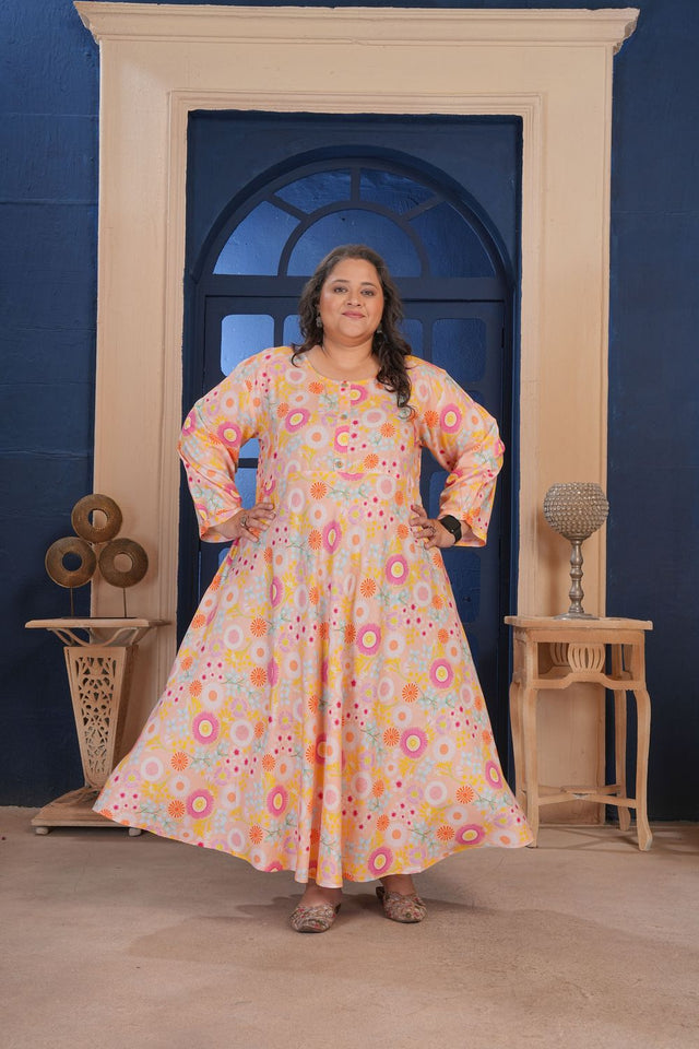 Orange Floral Printed Rayon Long Kurti (ACA8070)