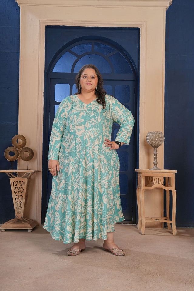 Green Floral Printed Rayon Long Kurti (ACA8071)