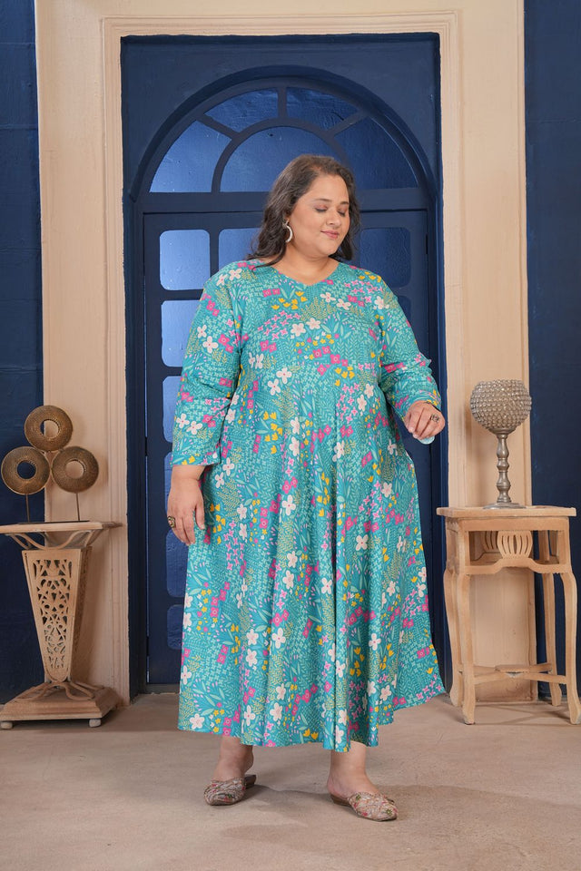 Sea Green Floral Printed Rayon Long Kurti (ACA8072)
