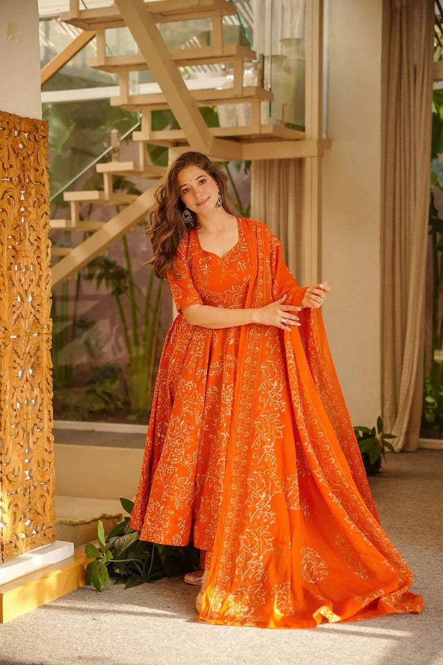 Orange Floral Printed Muslin Anarkali Suit (ACA8073)
