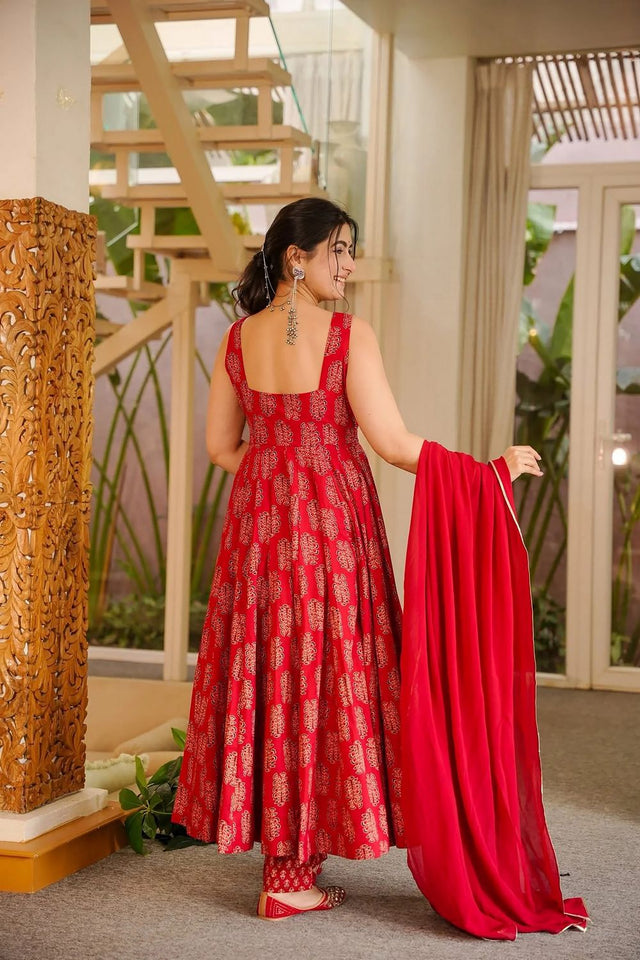 Red Printed Muslin Anarkali Suit (ACA8076)