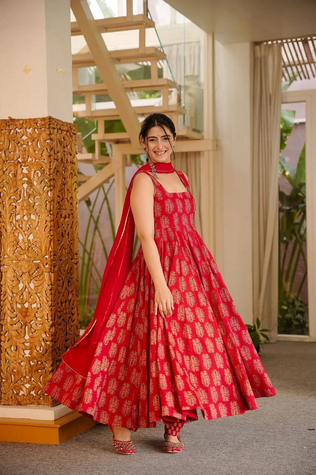 Red Printed Muslin Anarkali Suit (ACA8076)