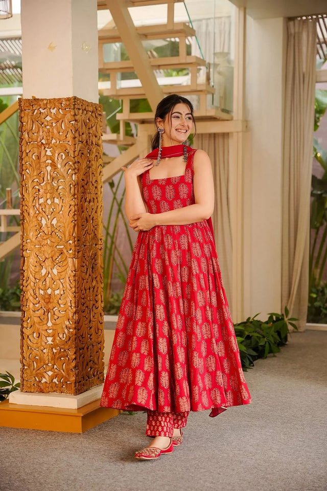 Red Printed Muslin Anarkali Suit (ACA8076)