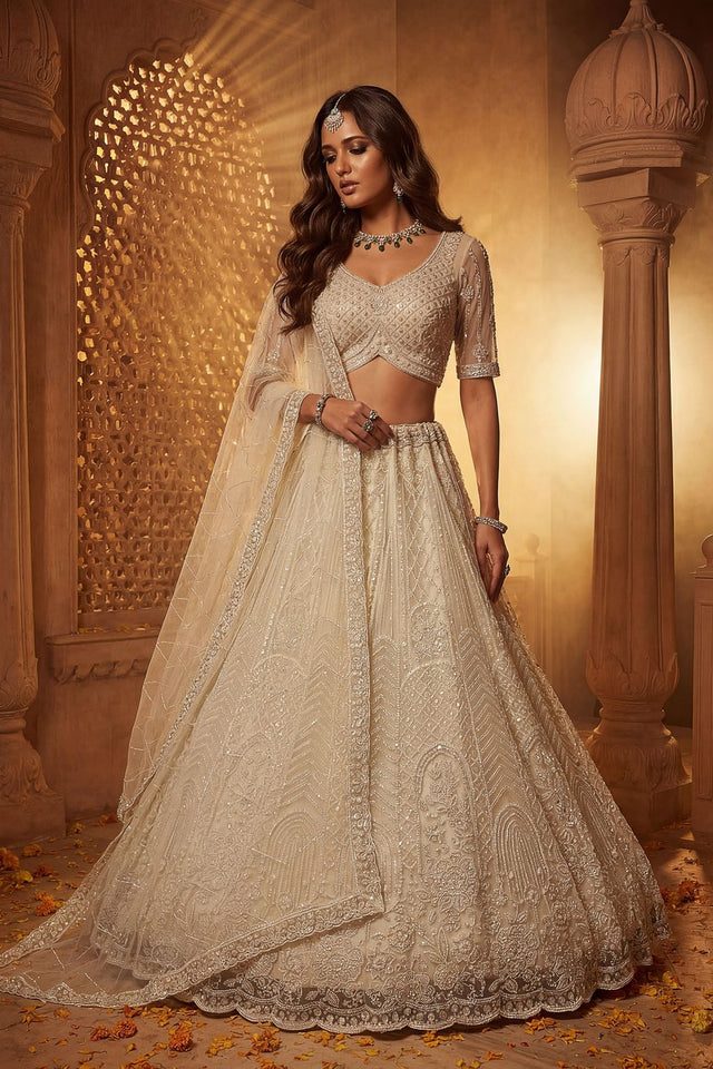 Off White Sequin with Embroidered Net Lehenga (ACA8079)
