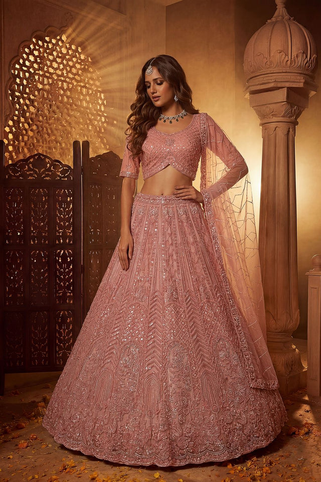 Peach Sequin with Embroidered Net Lehenga (ACA8080)