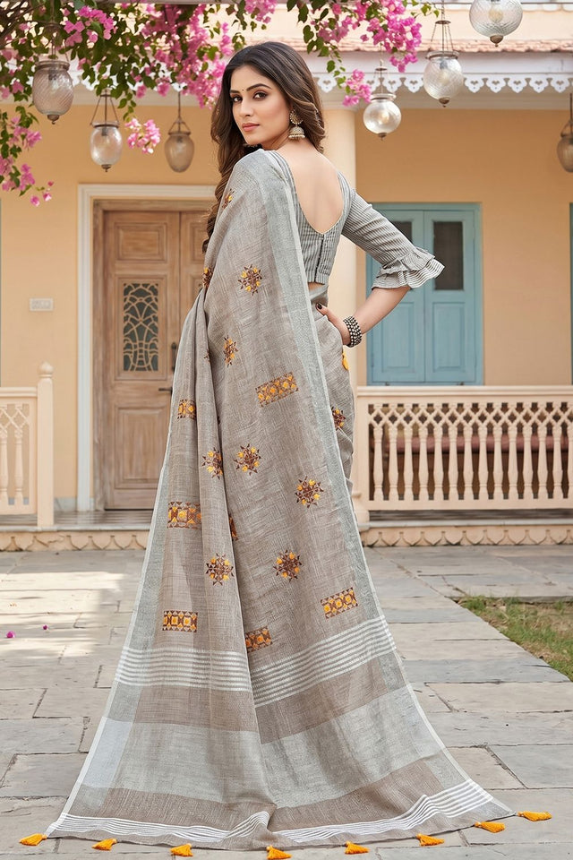 Beige Floral Embroidered Linen Saree (ACA8082)