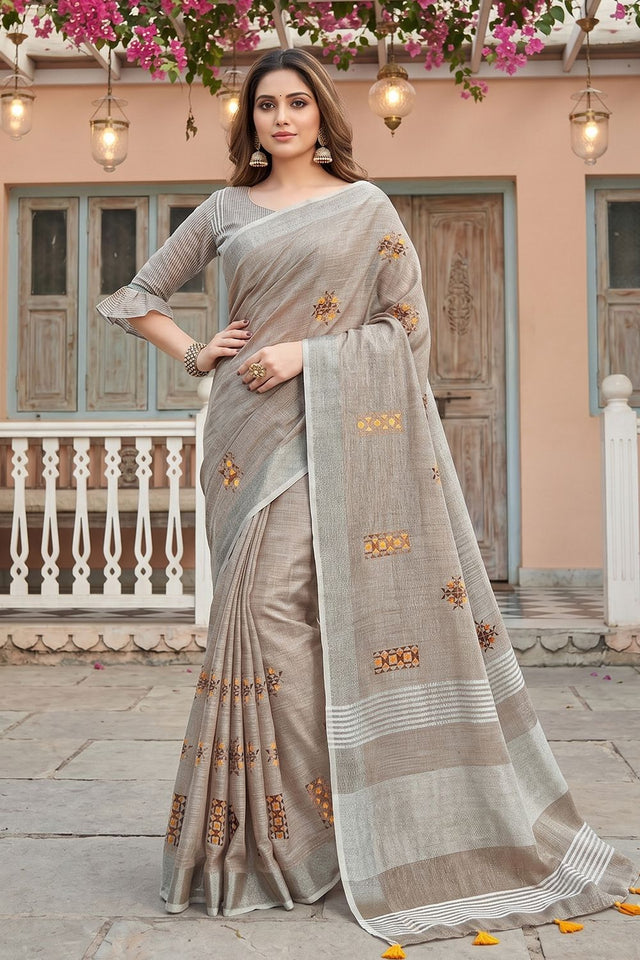 Beige Floral Embroidered Linen Saree (ACA8082)