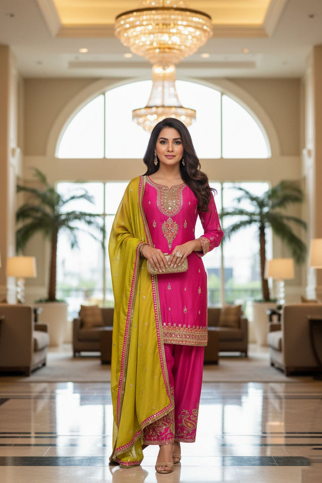 Pink Embroidered Chinon Straight Cut Suit (ACA8096)