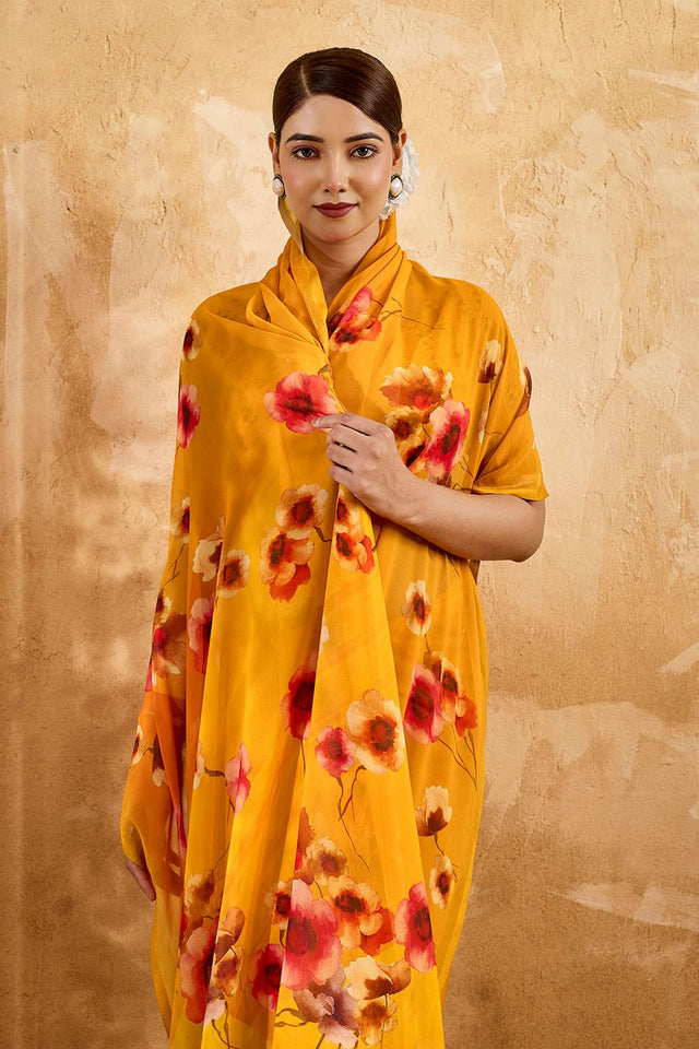 Yellow Floral Printed Georgette Saree (ACA8109)