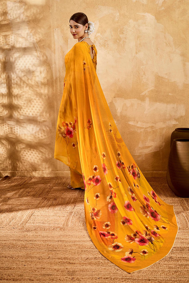 Yellow Floral Printed Georgette Saree (ACA8109)