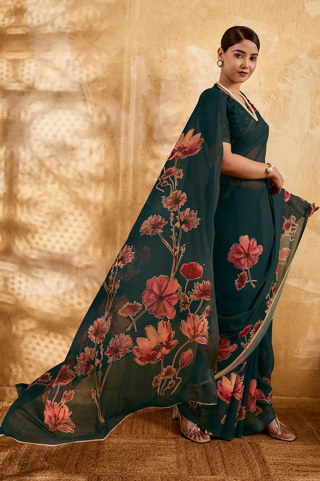 Dark Green Floral Printed Georgette Saree (ACA8110)