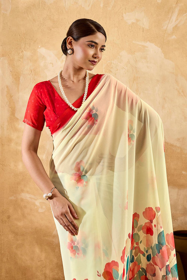 Beige Floral Printed Georgette Saree (ACA8111)