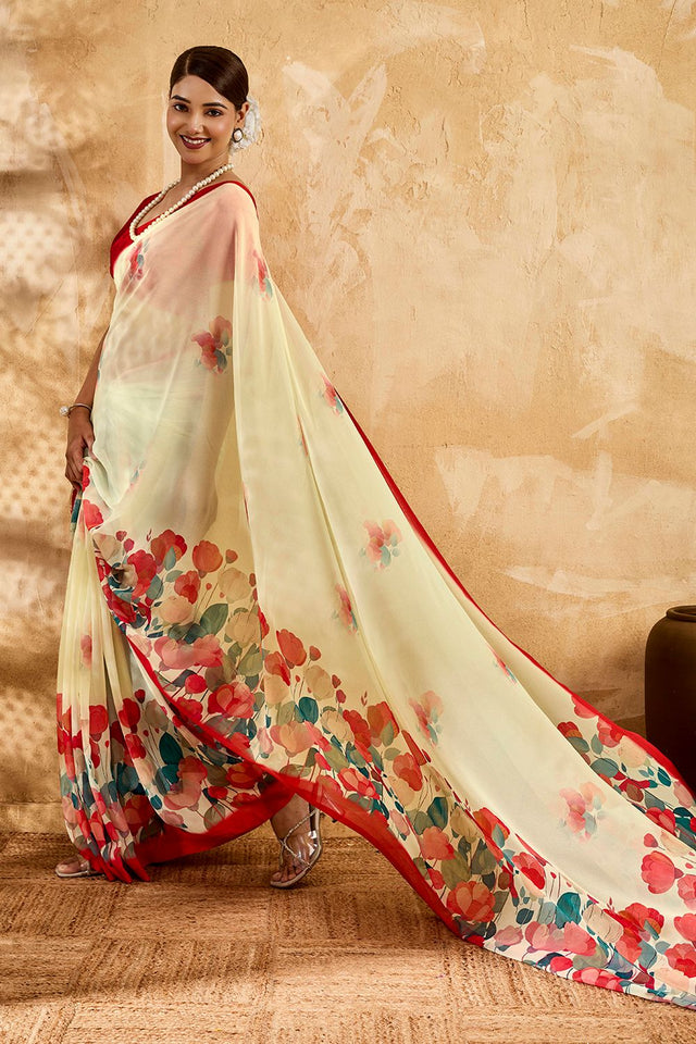 Beige Floral Printed Georgette Saree (ACA8111)
