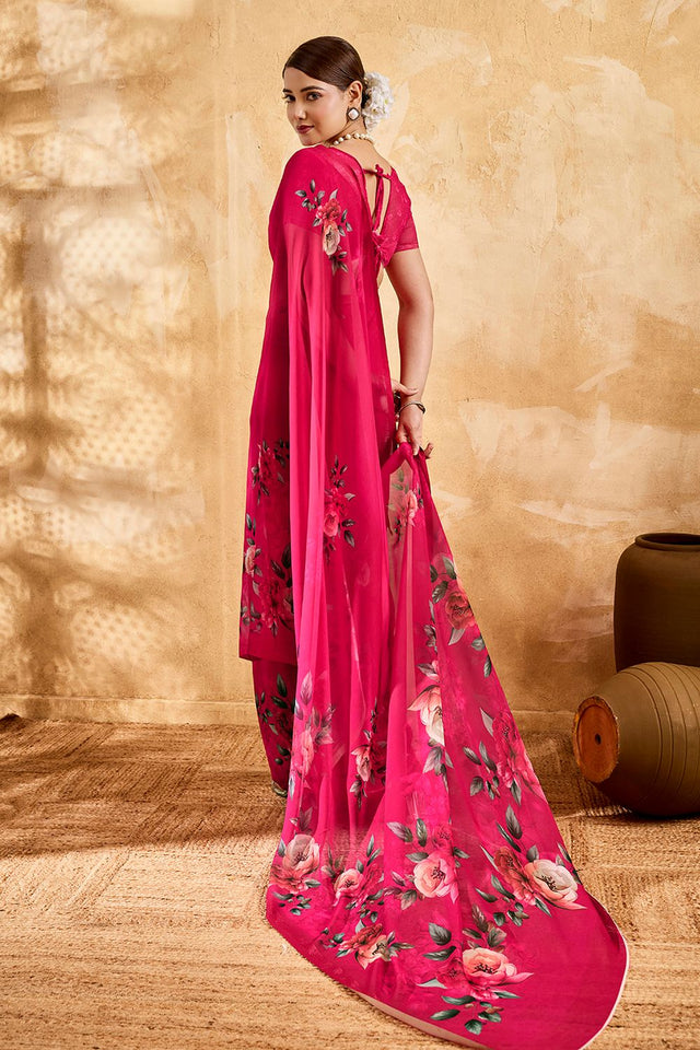 Pink Floral Printed Georgette Saree (ACA8112)