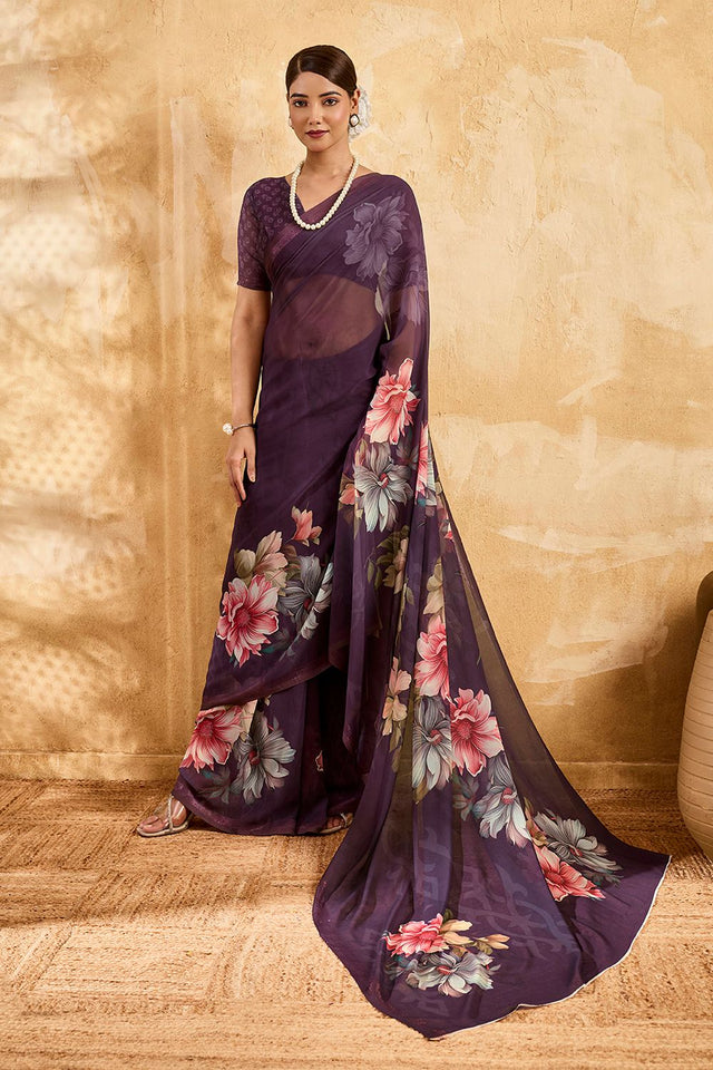 Violet Floral Printed Georgette Saree (ACA8113)