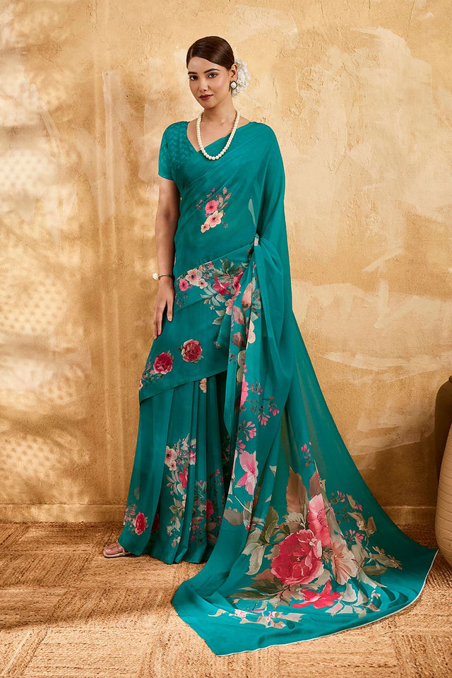 Sea Green Floral Printed Georgette Saree (ACA8114)