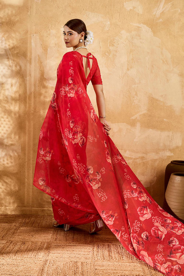 Red Floral Printed Georgette Saree (ACA8115)