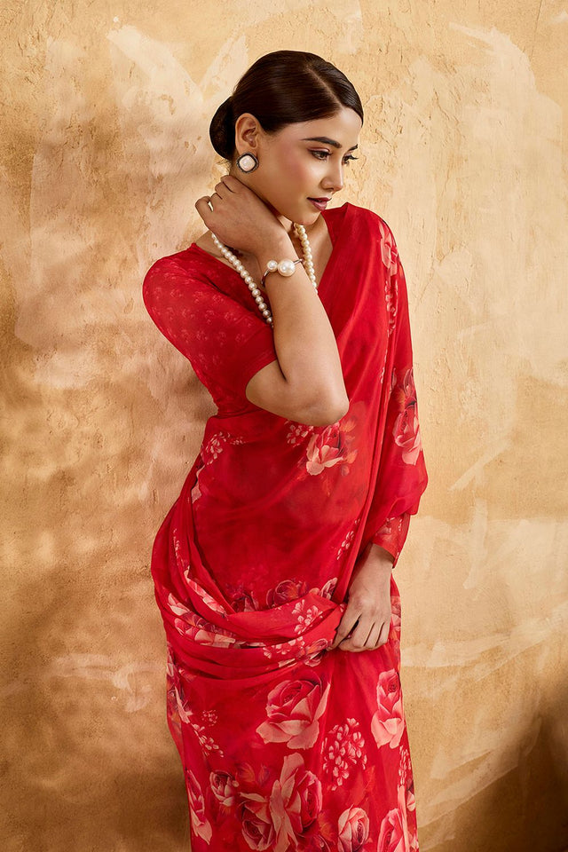 Red Floral Printed Georgette Saree (ACA8115)